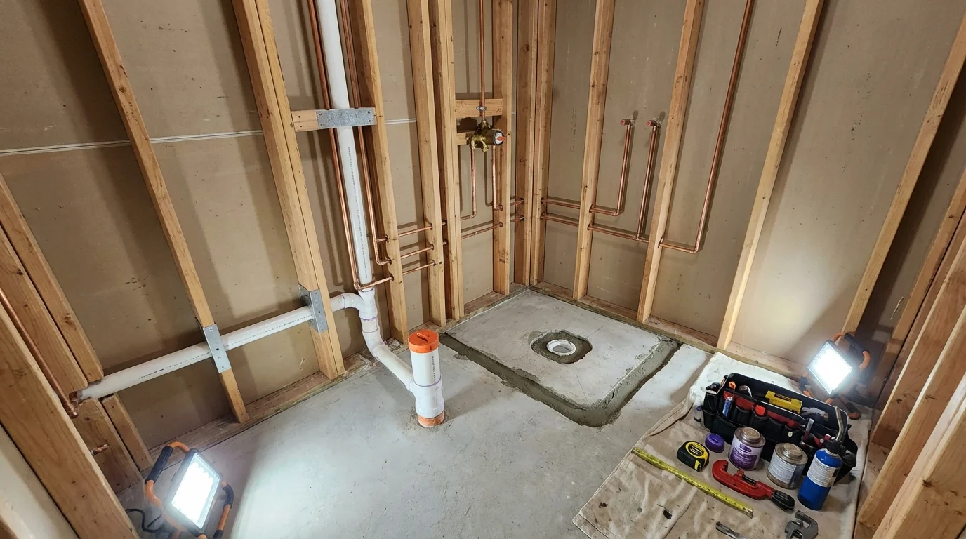 Bathroom rough-in plumbing during remodel by Johns Plumbing LLC in Flowery Branch
