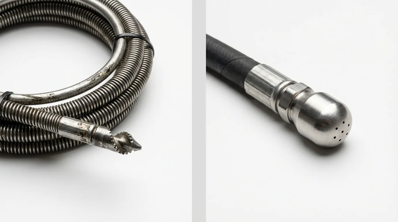 Drain snake cable and hydro jetting nozzle used for drain cleaning in Flowery Branch, GA