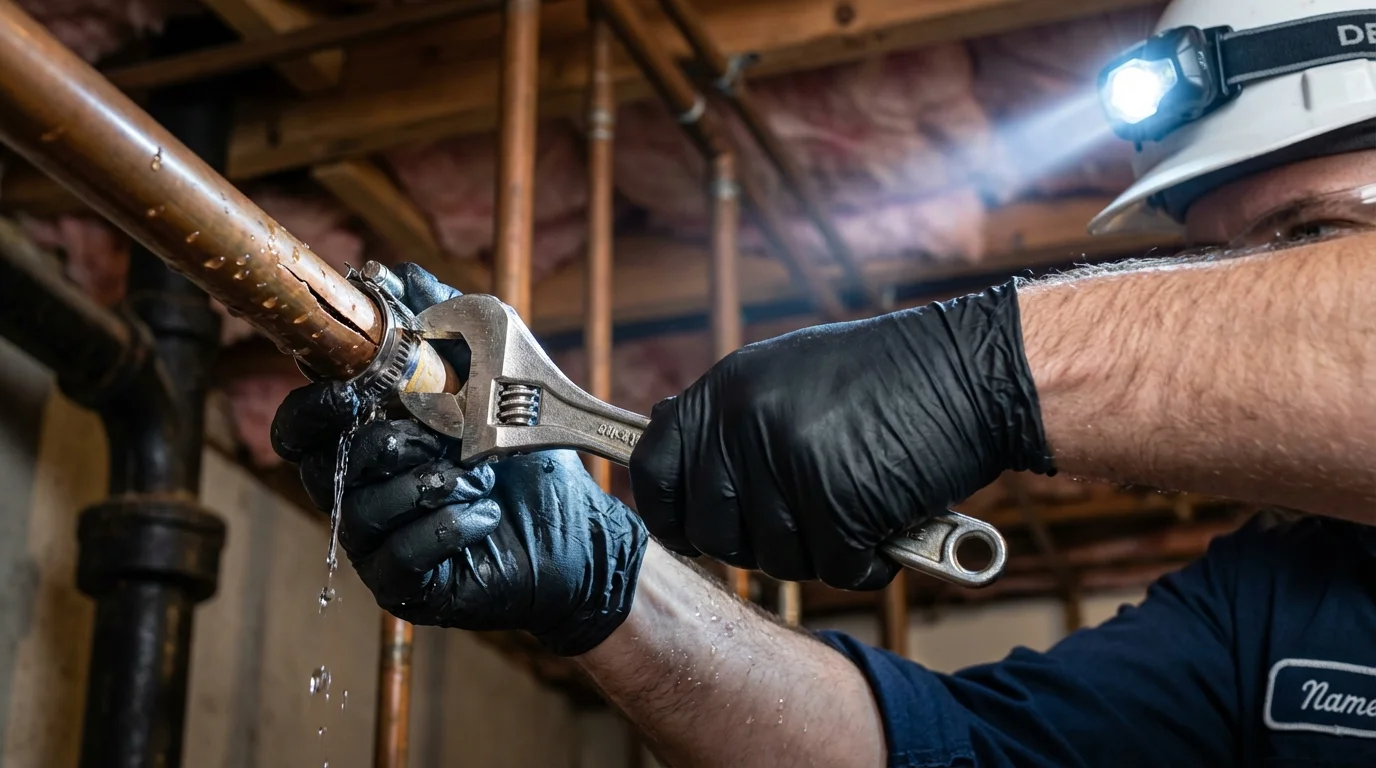 Emergency pipe clamp repair being performed by a Johns Plumbing LLC plumber in Flowery Branch