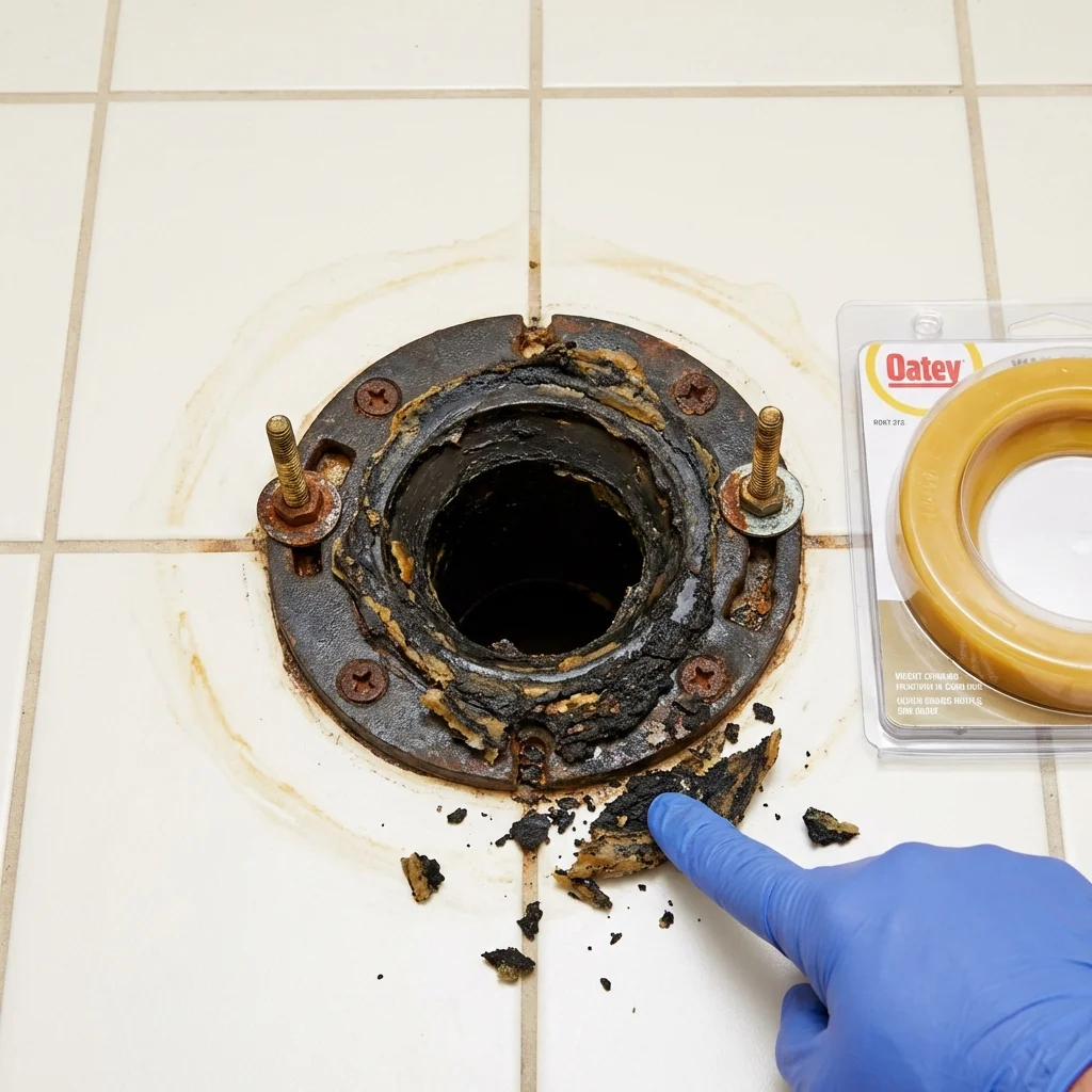 Failed wax ring showing water seepage at the base of a toilet in a Flowery Branch, GA home