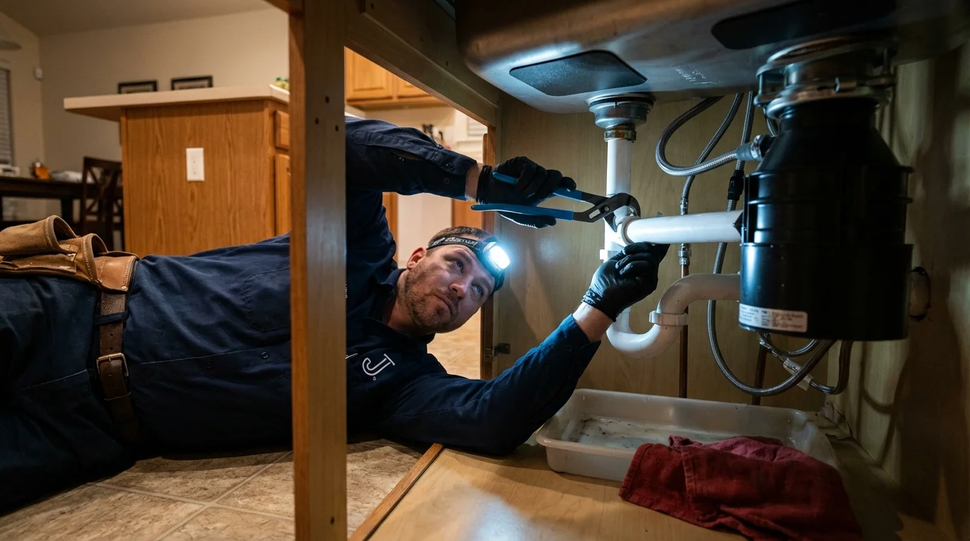 P-trap and supply line connections under a kitchen sink showing a common leak point in Flowery Branch, GA